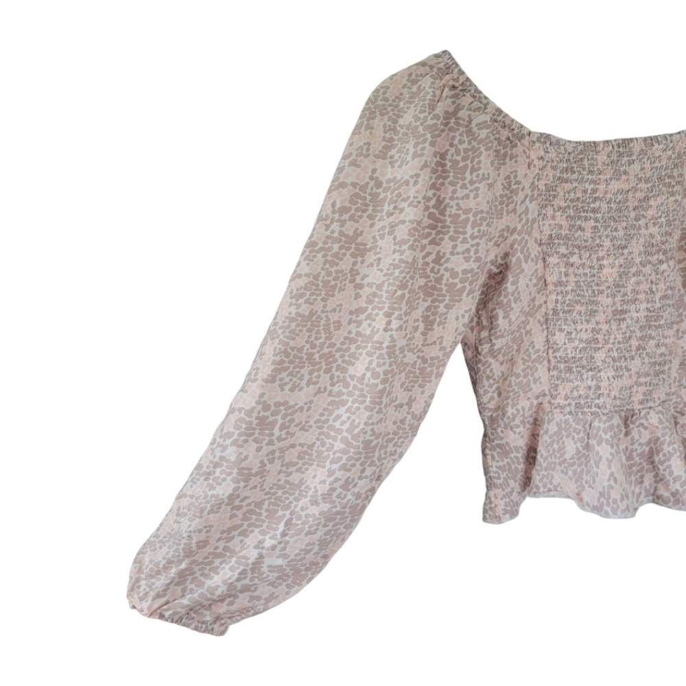 Japna XS Square Neck Ruched Peplum Crop Top Puff Sleeve Animal Print Coquette - Picture 6 of 11